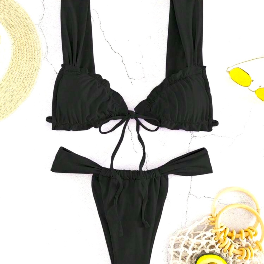 Black ruffle trim bathing suit